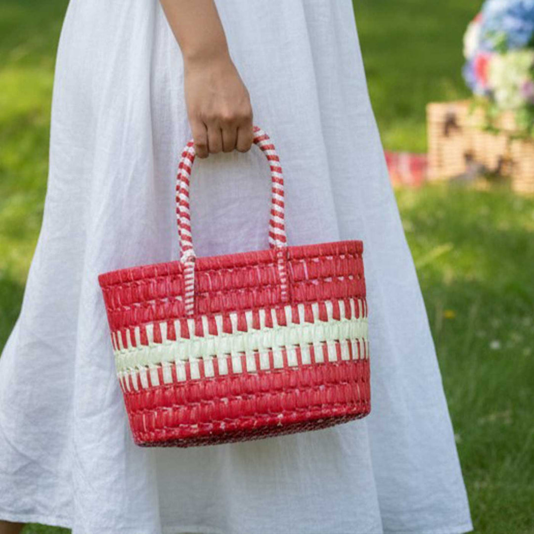 Handmade Traditional Plastic Tape Wire Red And Sandal Koodai Lunch Bag