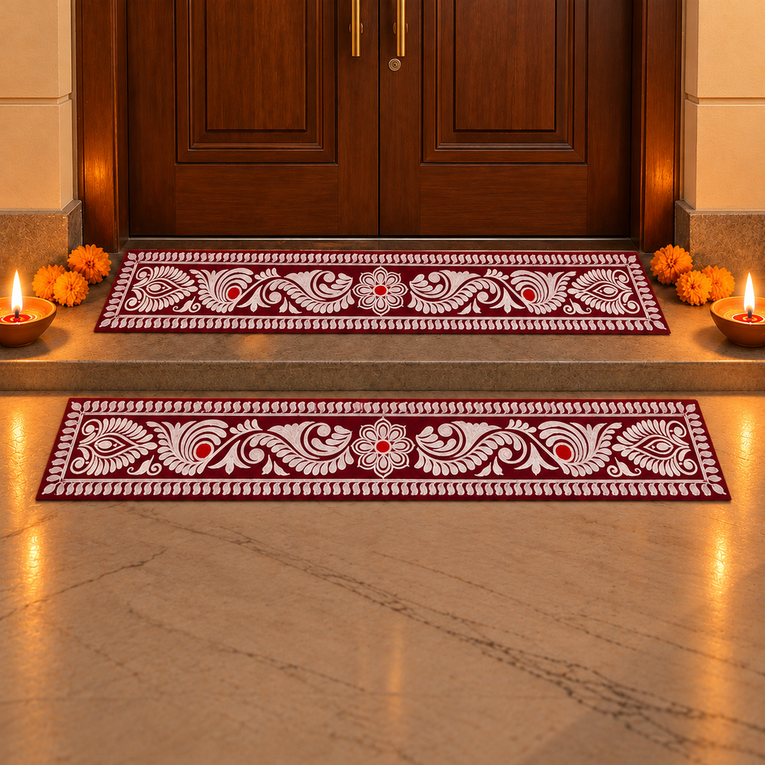 2 Pc | Madhobi Strip Reusable Handmade Fabric Rangoli Mat Set for Festive Entrance Decor