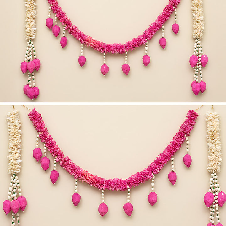 42 In | 3pc Set | Handmade Pink Royale Shola Flower Entrance Decor | Toran + 2 Hangings