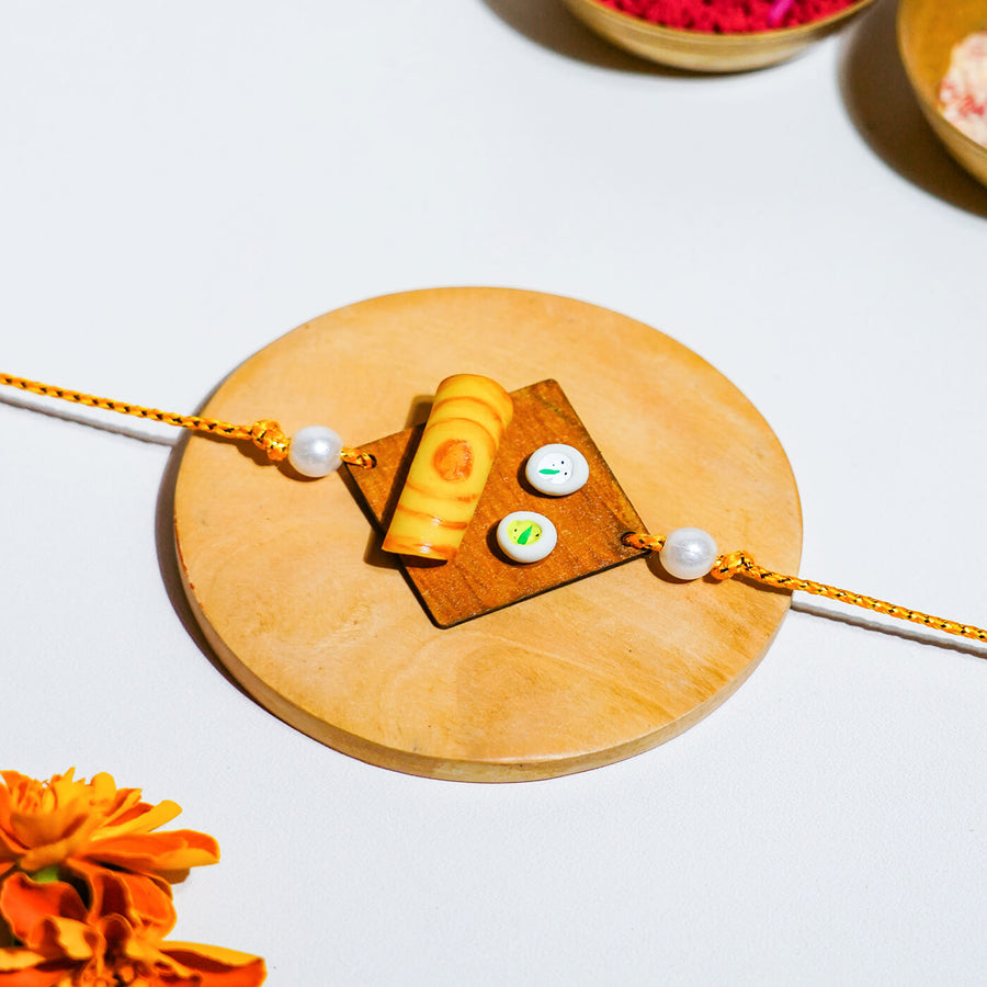 Handmade Food Themed Clay Rakhi 4 - Close-up on Rakhi design