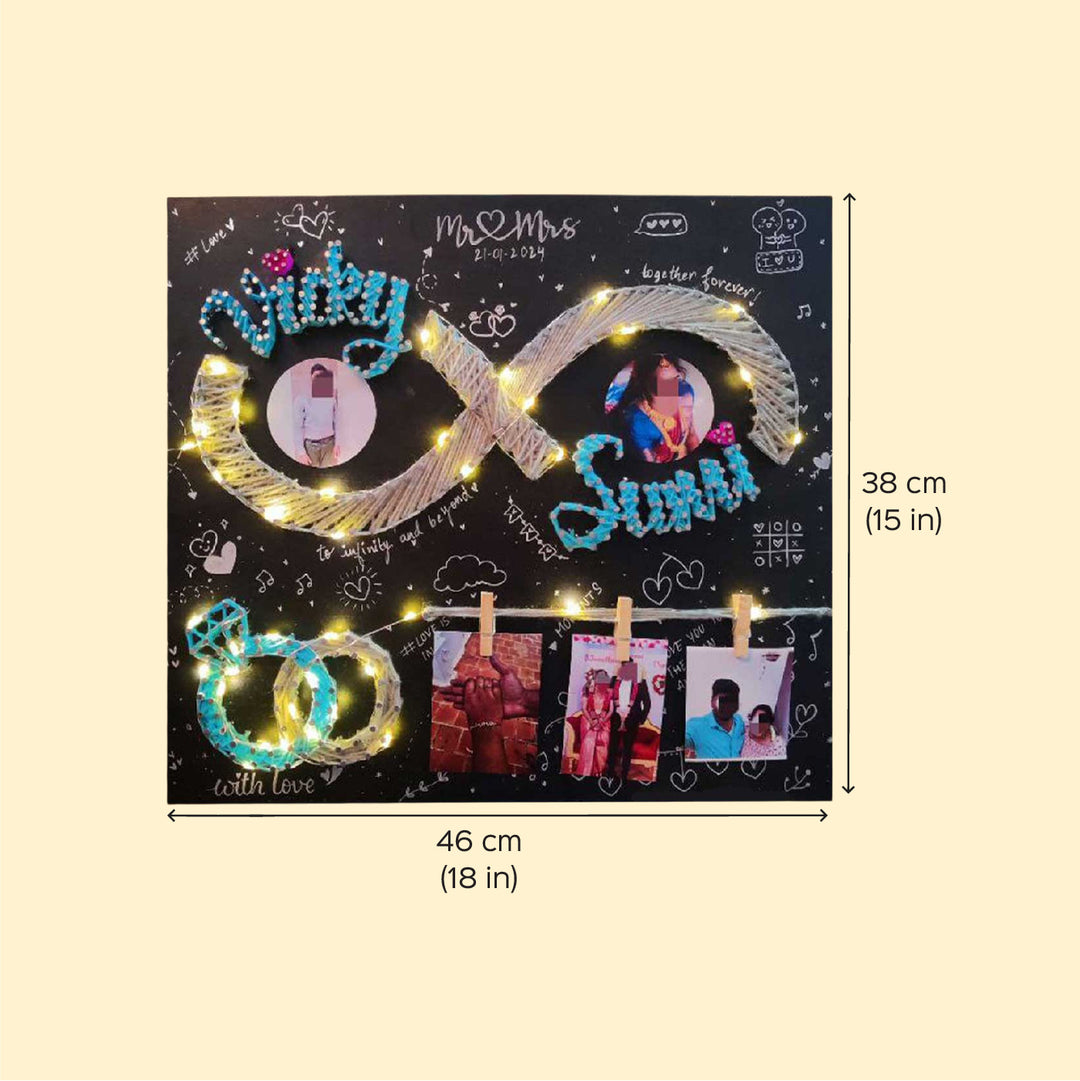 Photo Personalized String Art Couples Mdf Wood Name Plate With Lights - Front View with Dimensions and Lights