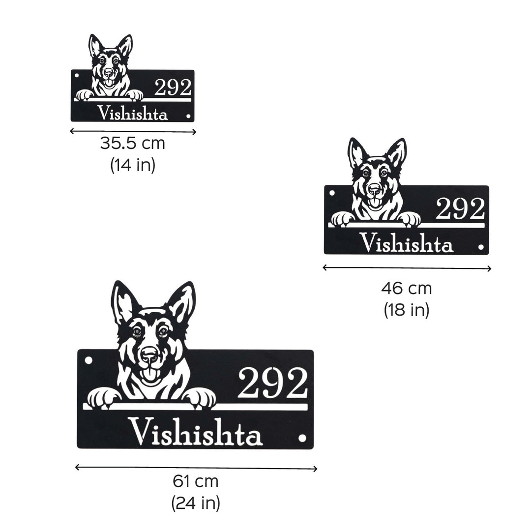 Personalized Weatherproof Artistic Dog Theme Metal Name Plate - Size Comparison Layout