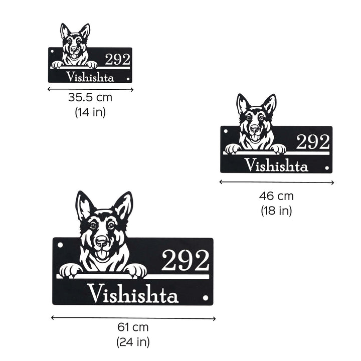 Personalized Weatherproof Artistic Dog Theme Metal Name Plate - Size Comparison Layout