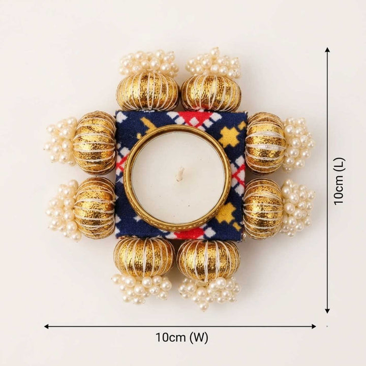 5 Pc | Handcrafted Reversible Gota Patti & Patola Print Square Tealight Holder With Pearl Beads