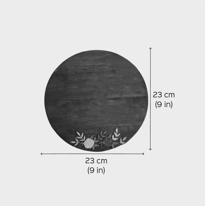 Personalized Round Floral Theme Wooden Name Plate - Dimension Chart with Floral Accent