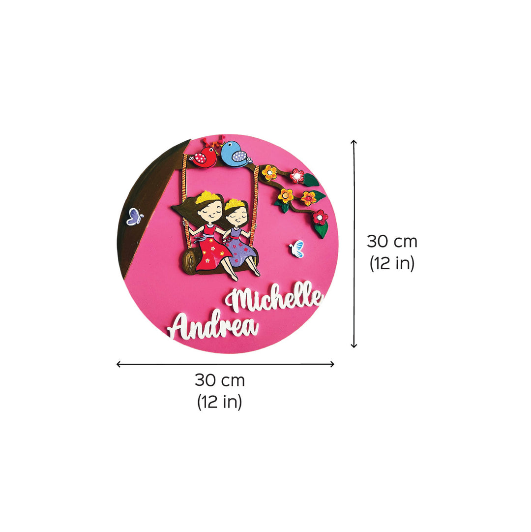 Personalized Hand Painted Swing Sisters Harmony Mdf Wood Kids Name Plate With 3D Letters - Dimension Chart with Personalization