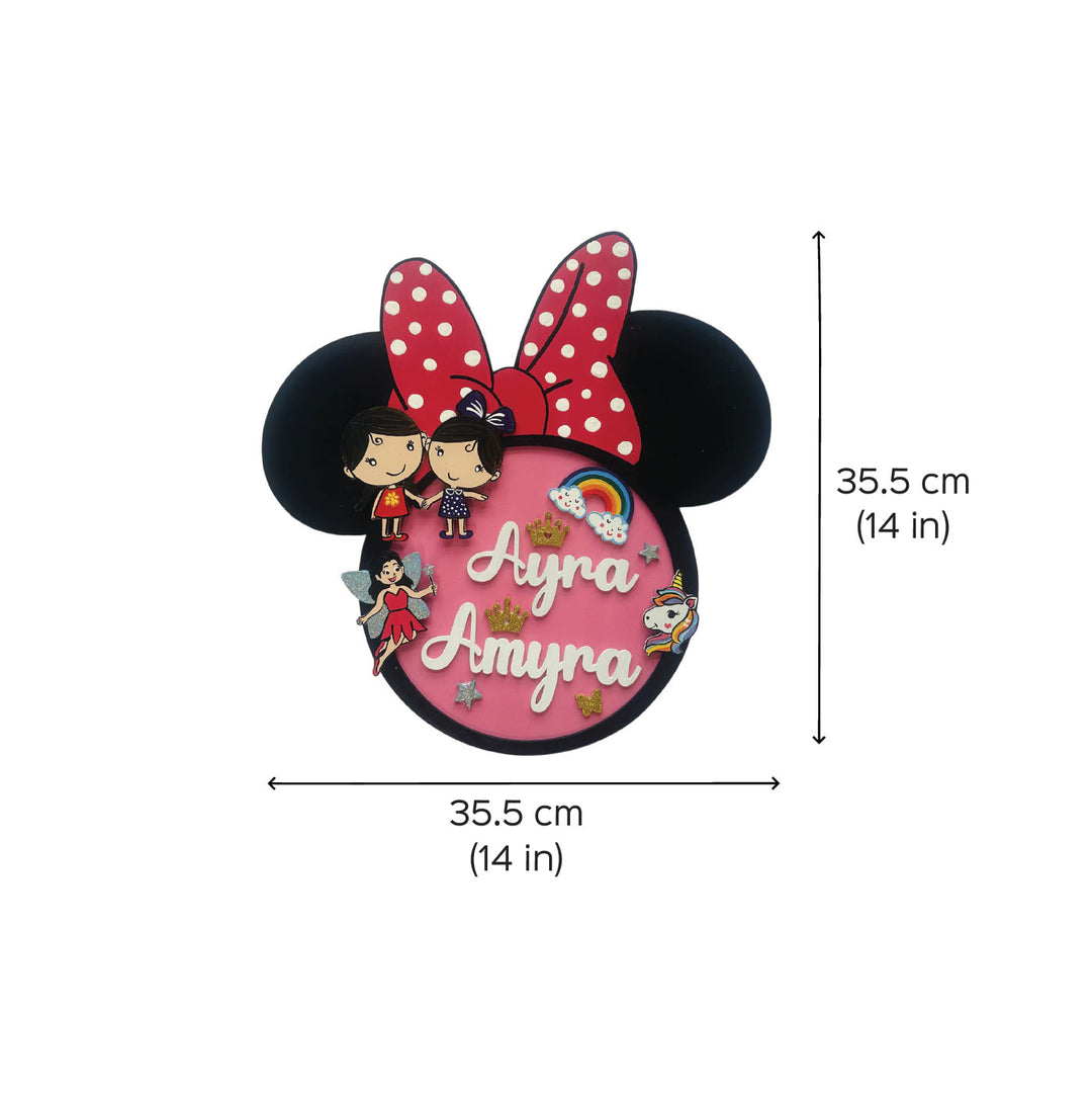 Personalized Minnie Mouse Themed Siblings Mdf Nameplate - Dimension Chart with Names