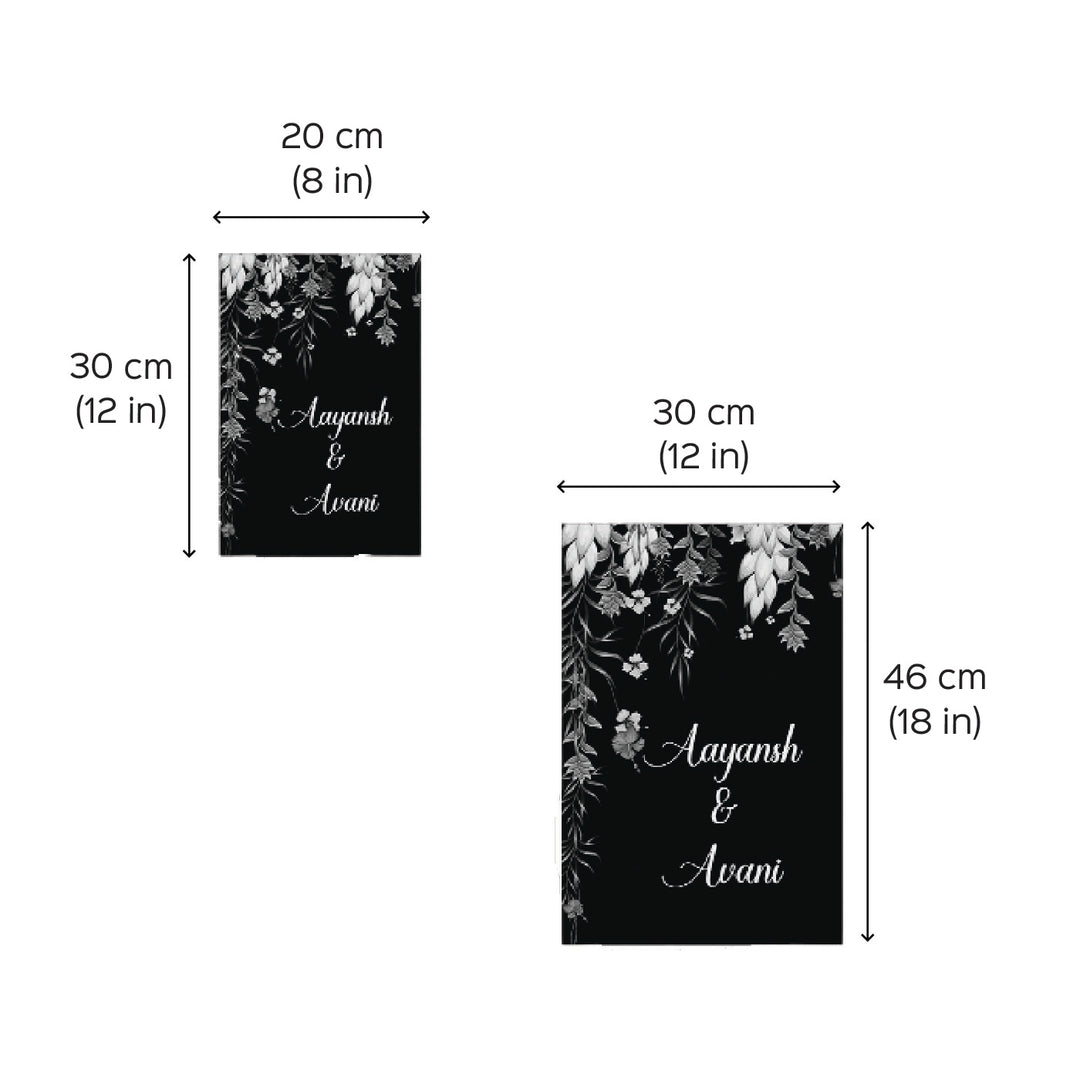 Printed Dark Blue Spring Floral Wooden Vertical Nameplate - Dimension Chart with Measurements