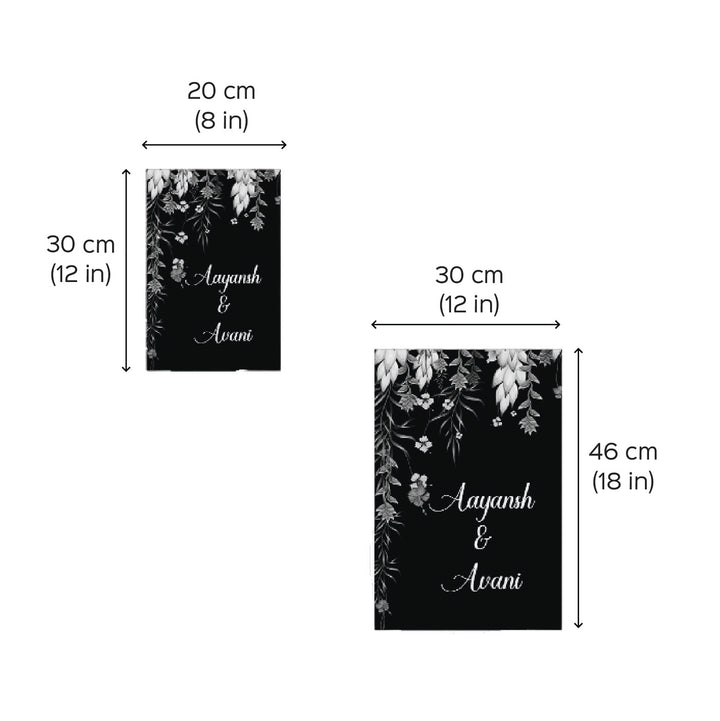 Printed Dark Blue Spring Floral Wooden Vertical Nameplate - Dimension Chart with Measurements