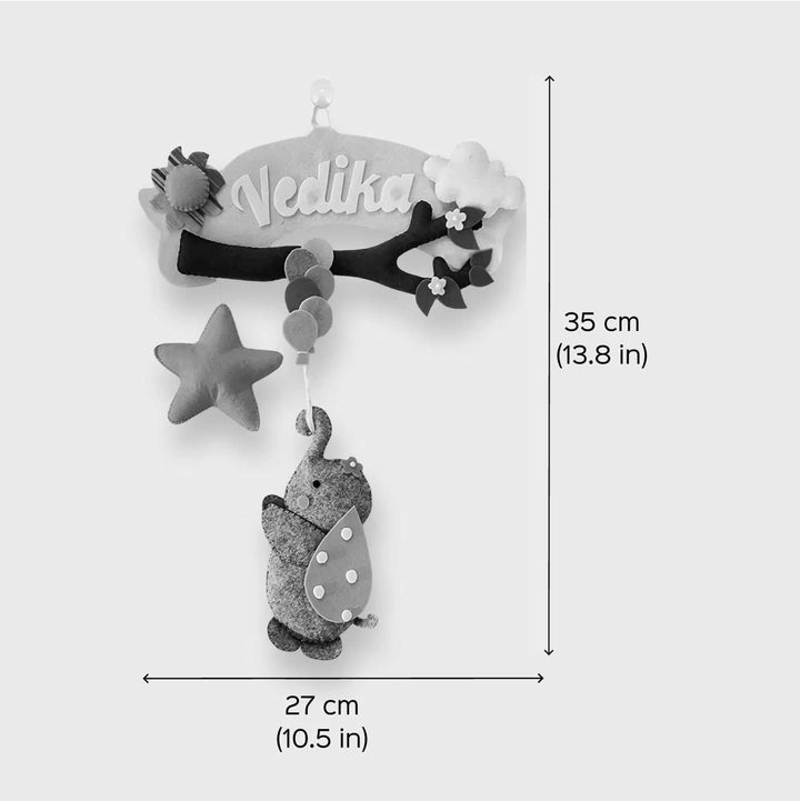 Personalized Branch And Elephant Theme Felt Kids Name Plate - Dimension Chart with Hanging Display