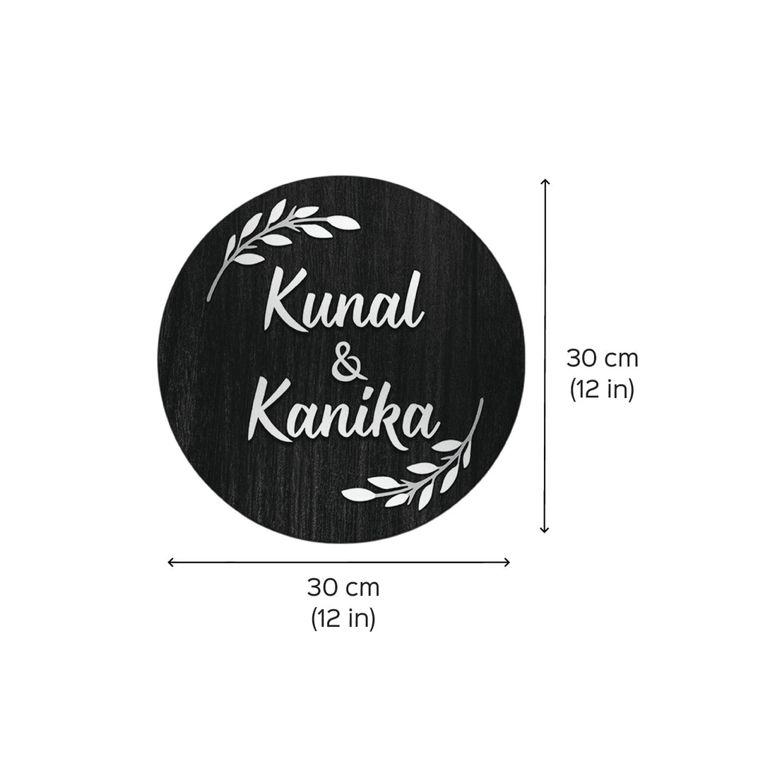 Printed Floral Wooden Round Nameplate For Couples With Bow - Top View with Dimensions