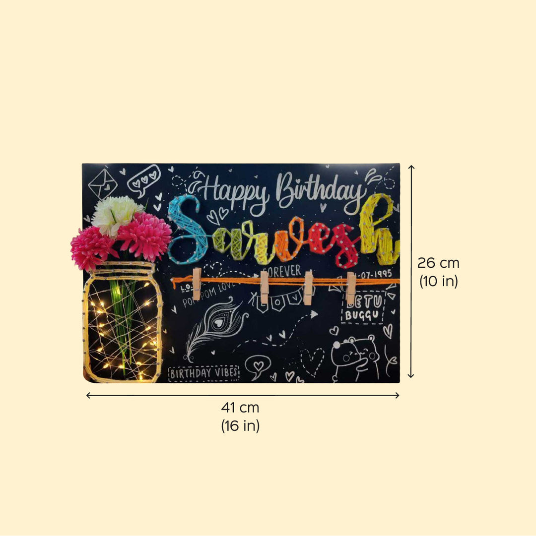 Personalized String Art Floral Jar Mdf Wood Name Plate With Lights - Front View with Dimensions