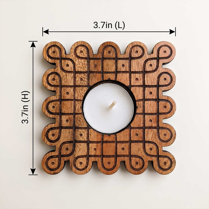 4 pc | Looped Square Hand-Painted Engraved Mahogany Wood Kolam Tealight Holders