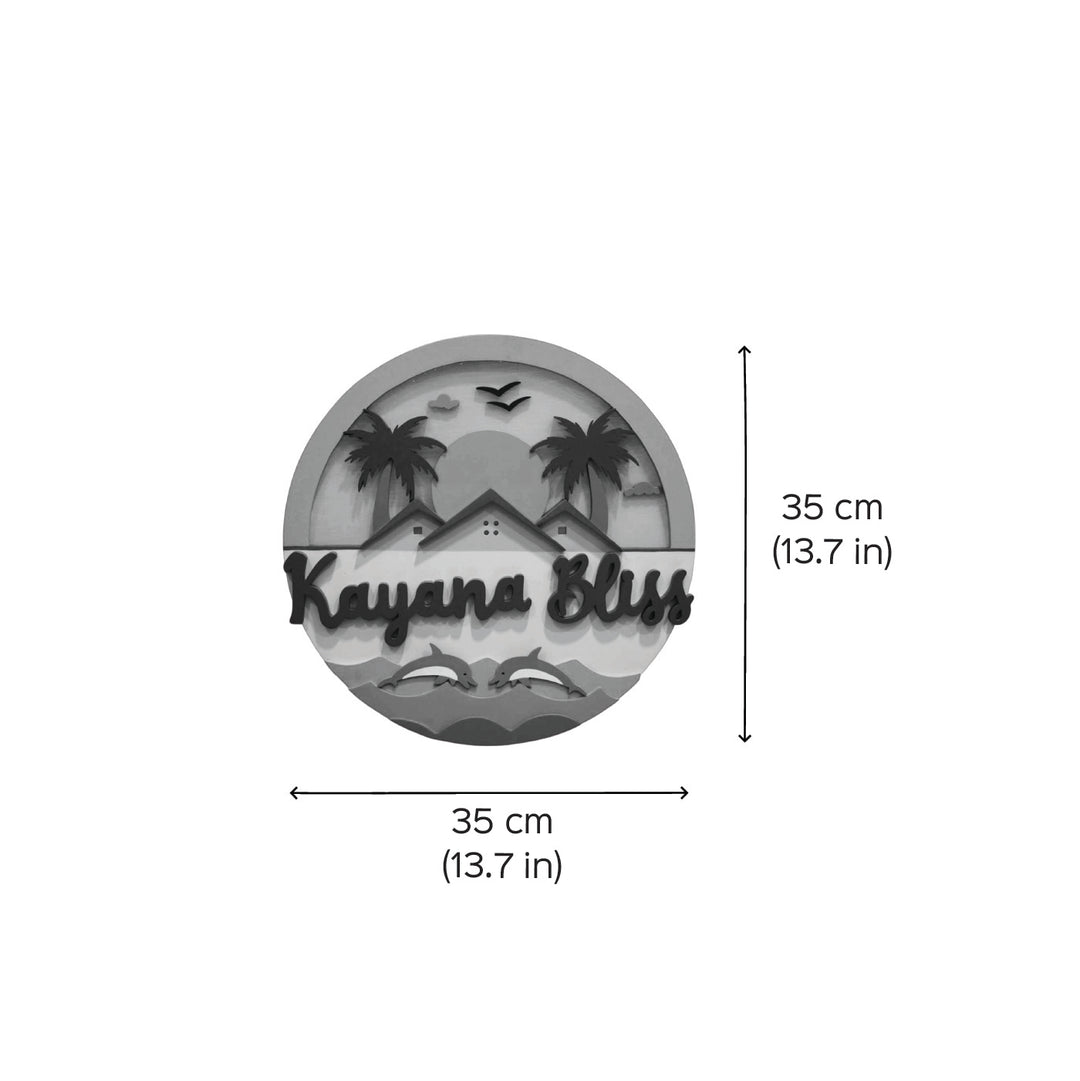 Personalized Beach Theme Mdf Wood Round Name Plate With Back Light - Front View with Dimensions