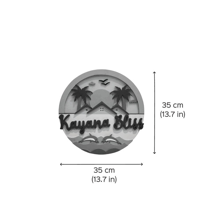 Personalized Beach Theme Mdf Wood Round Name Plate With Back Light - Front View with Dimensions