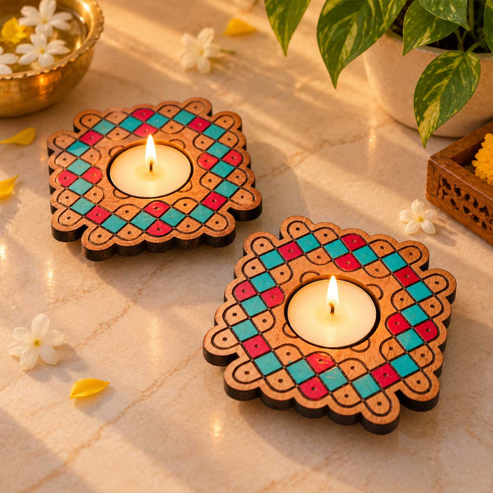 4 pc | Wave Lattice Hand-Painted Engraved Mahogany Wood Kolam Tealight Holders