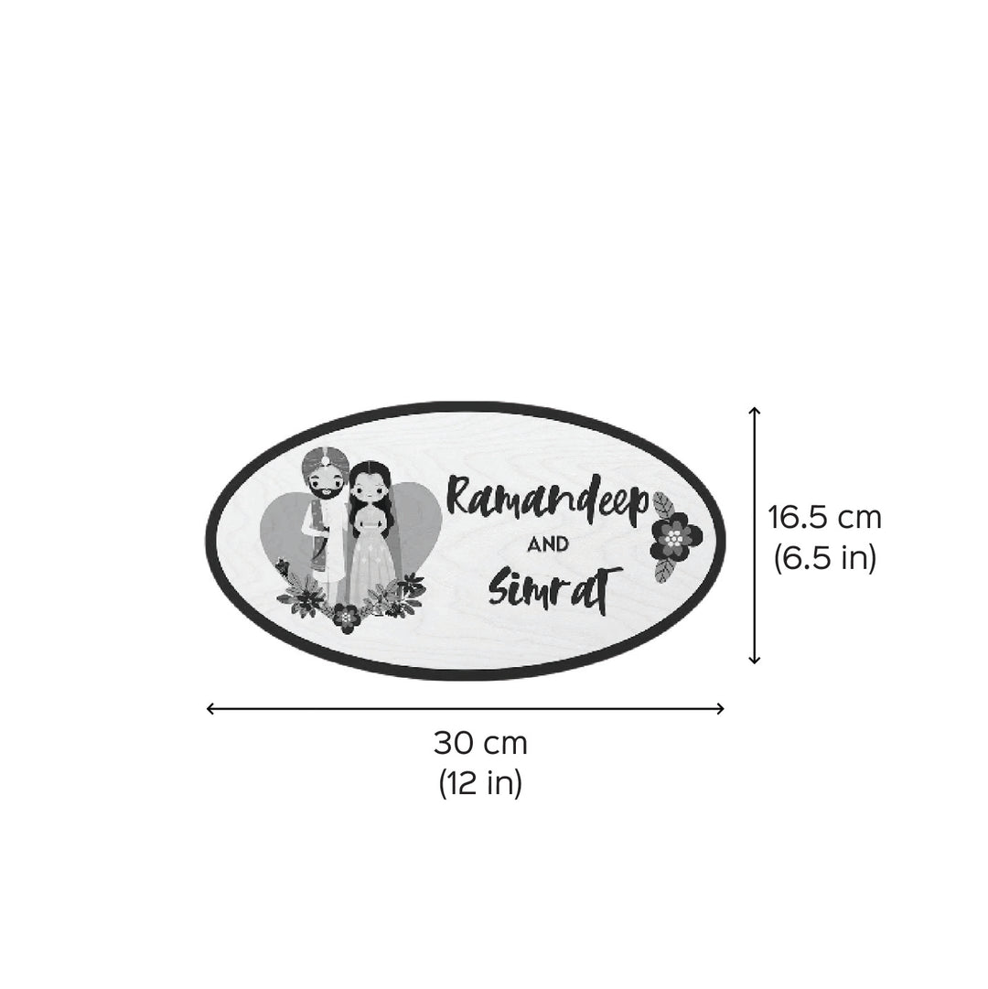 Printed White Floral Wooden Oval Nameplate For Couples - Dimension Chart with Names and Illustration