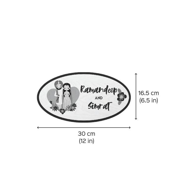 Printed Wooden Oval Bengali Couple Nameplate For Couples - Dimension Chart with Name Personalization