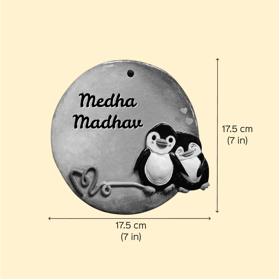 Personalized Hand-Painted Penguin Terracotta Name Plate For Couples