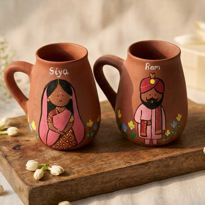 2 Pc | North Indian Couple Personalized Handpainted Terracotta Mug | 450 ml