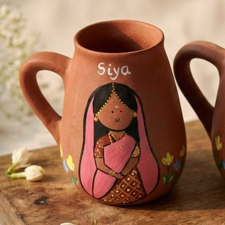 2 Pc | North Indian Couple Personalized Handpainted Terracotta Mug | 450 ml