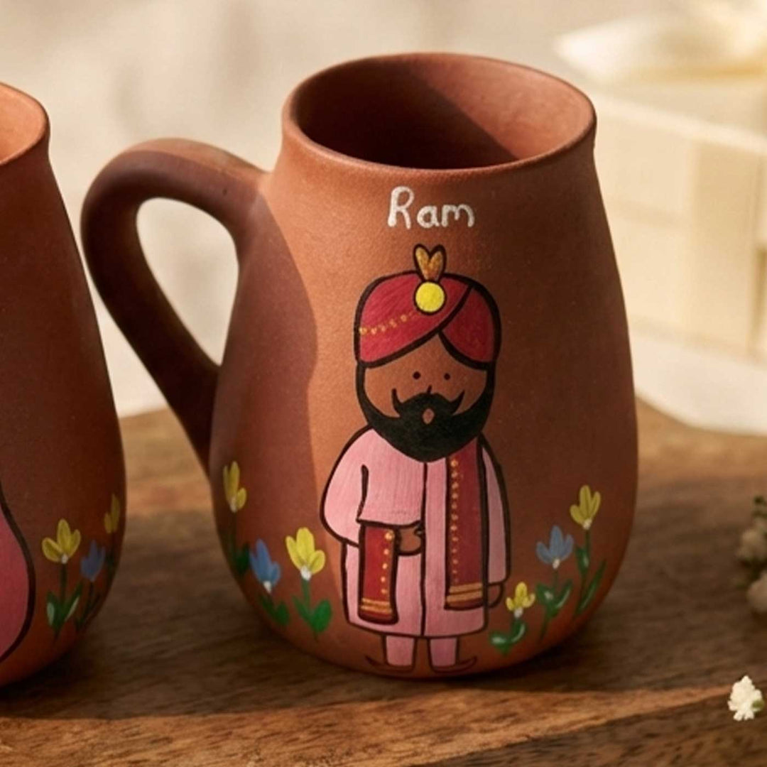 2 Pc | North Indian Couple Personalized Handpainted Terracotta Mug | 450 ml