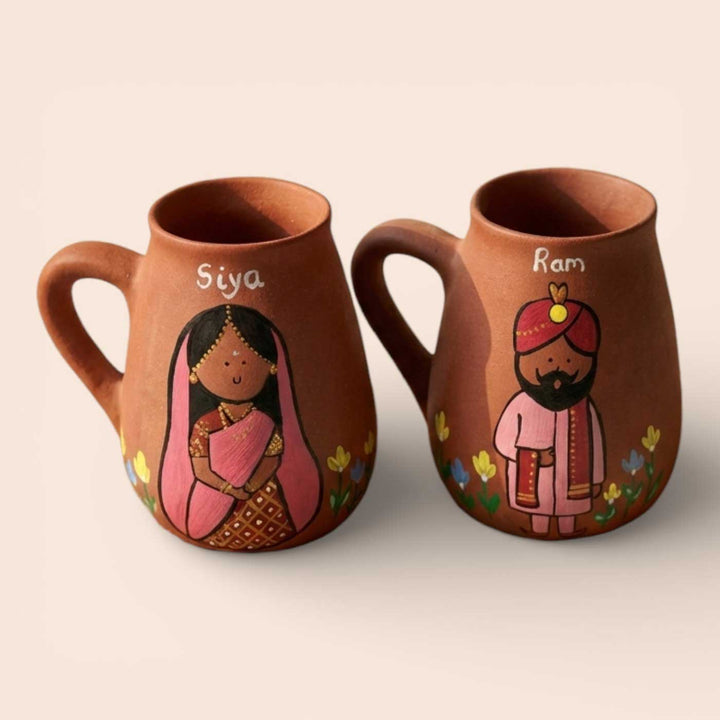 2 Pc | North Indian Couple Personalized Handpainted Terracotta Mug | 450 ml