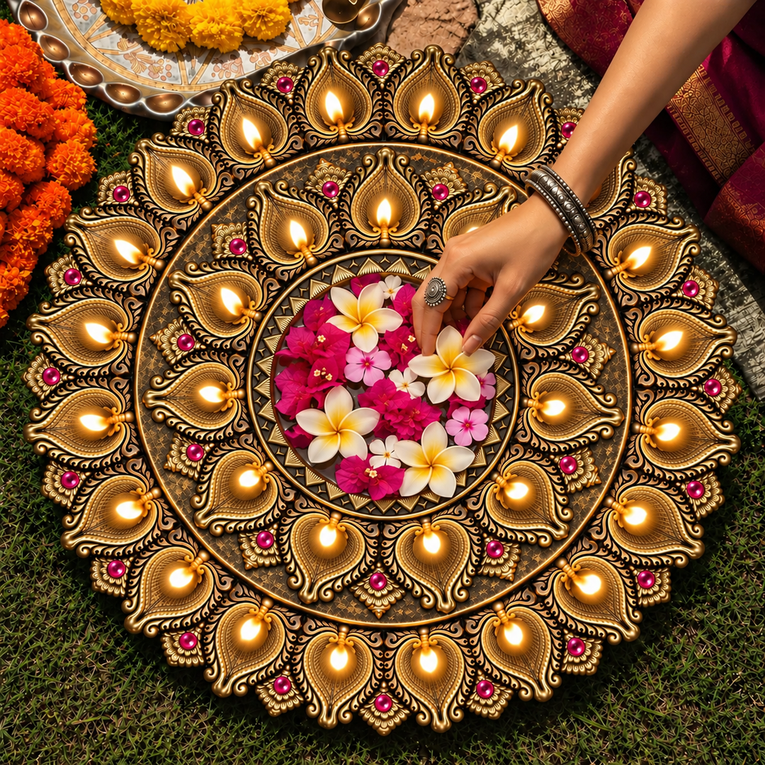 Handmade Large Decorative 31 Terracotta Diya & Urli Platter | 16 inch
