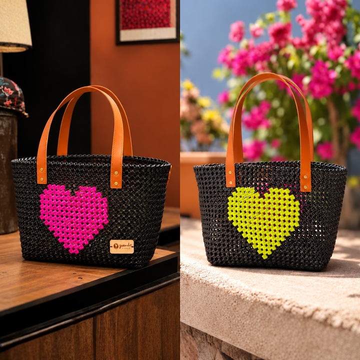 "Double Crush" Pink & Green Heart Mukhya Knot Handmade Wire Koodai Tote Bag