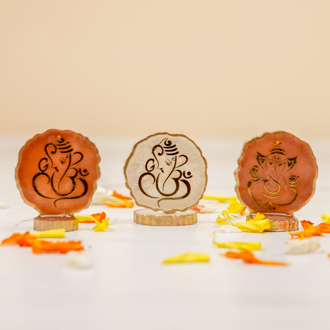 Set of 5 | Handmade Irregular Round Ganesha Resin Art Idol Showpieces With Stand For Festive Gifting