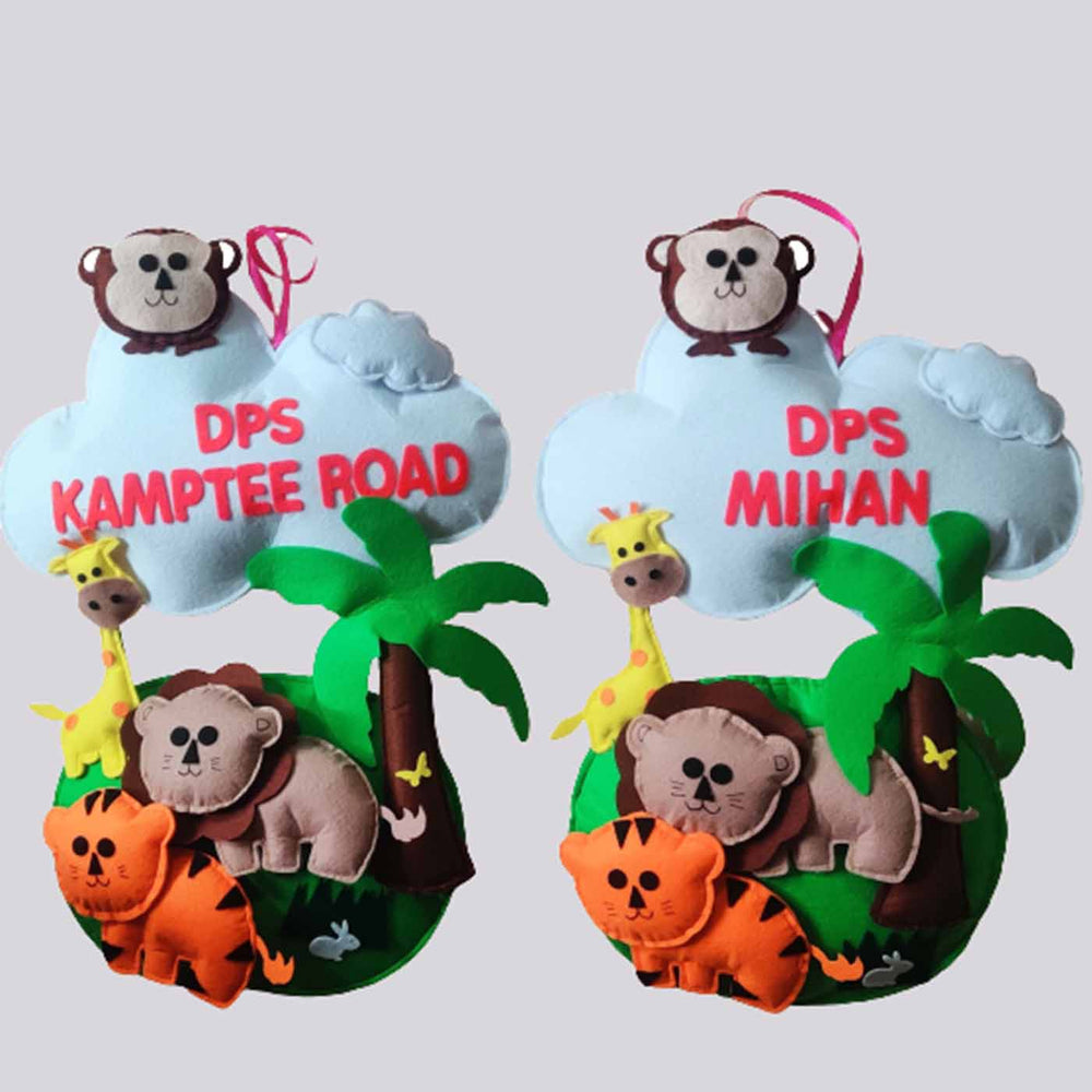 Personalized Handmade Jungle Theme Felt Kids Name Plate - Front View with Name Personalization