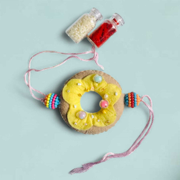 Handmade Doughnut Theme Felt Rakhi With Roli Chawal - Flat Lay with Roli Chawal (8)