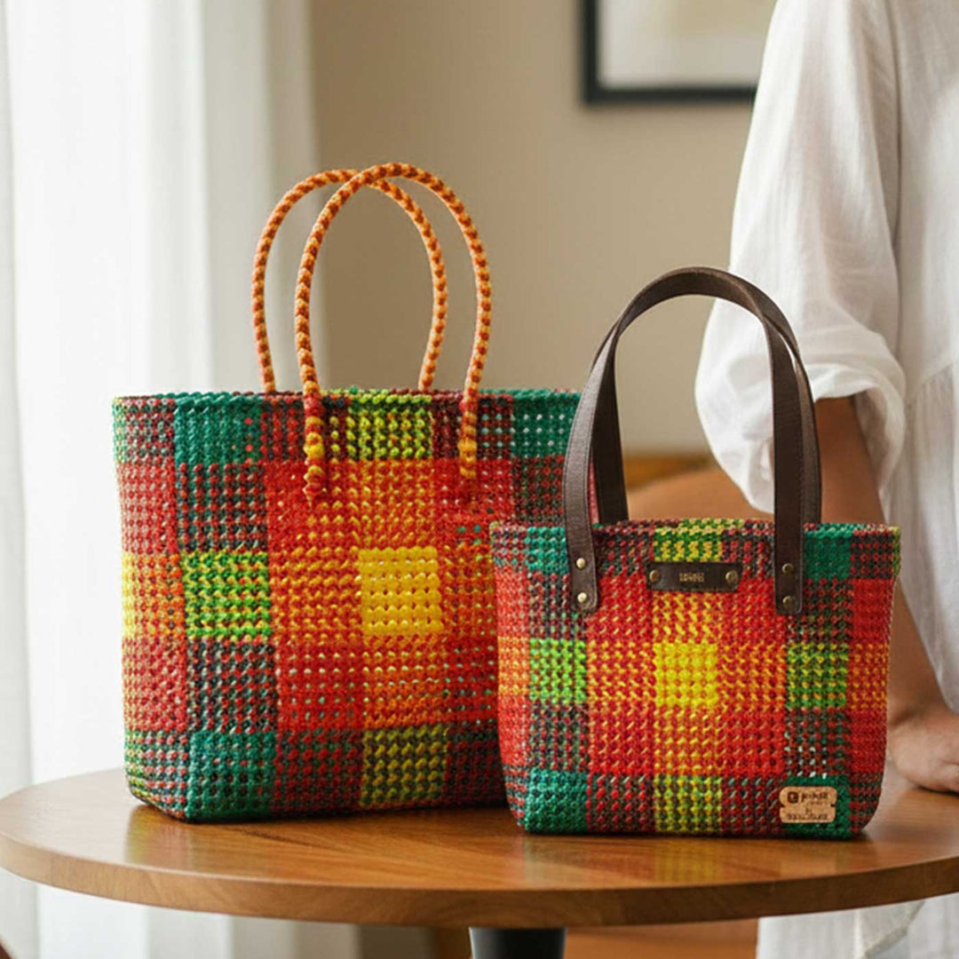 Multicolour Checks Handmade Wire Koodai Tote Bag