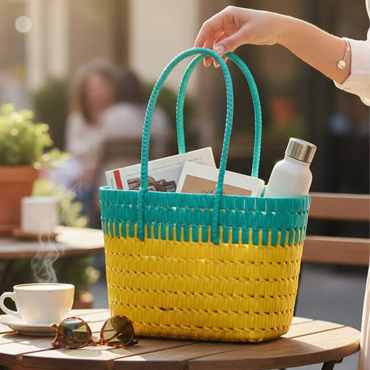 Handmade Traditional Plastic Tape Wire Teal And Yellow Koodai Lunch Bag