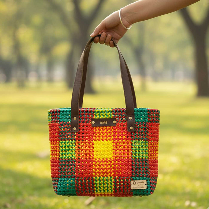 Multicolour Checks Handmade Wire Koodai Tote Bag