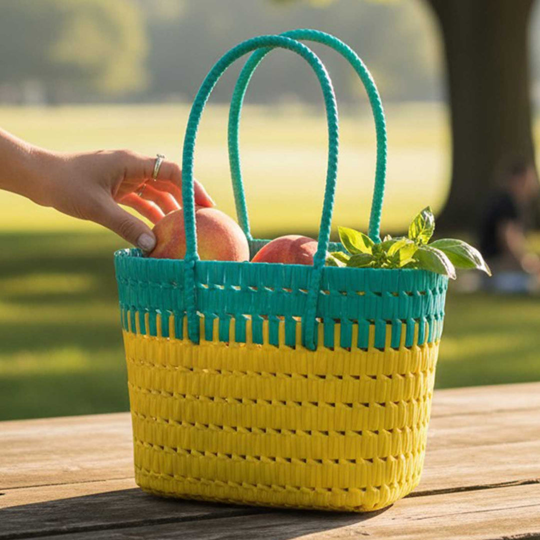 Handmade Traditional Plastic Tape Wire Teal And Yellow Koodai Lunch Bag