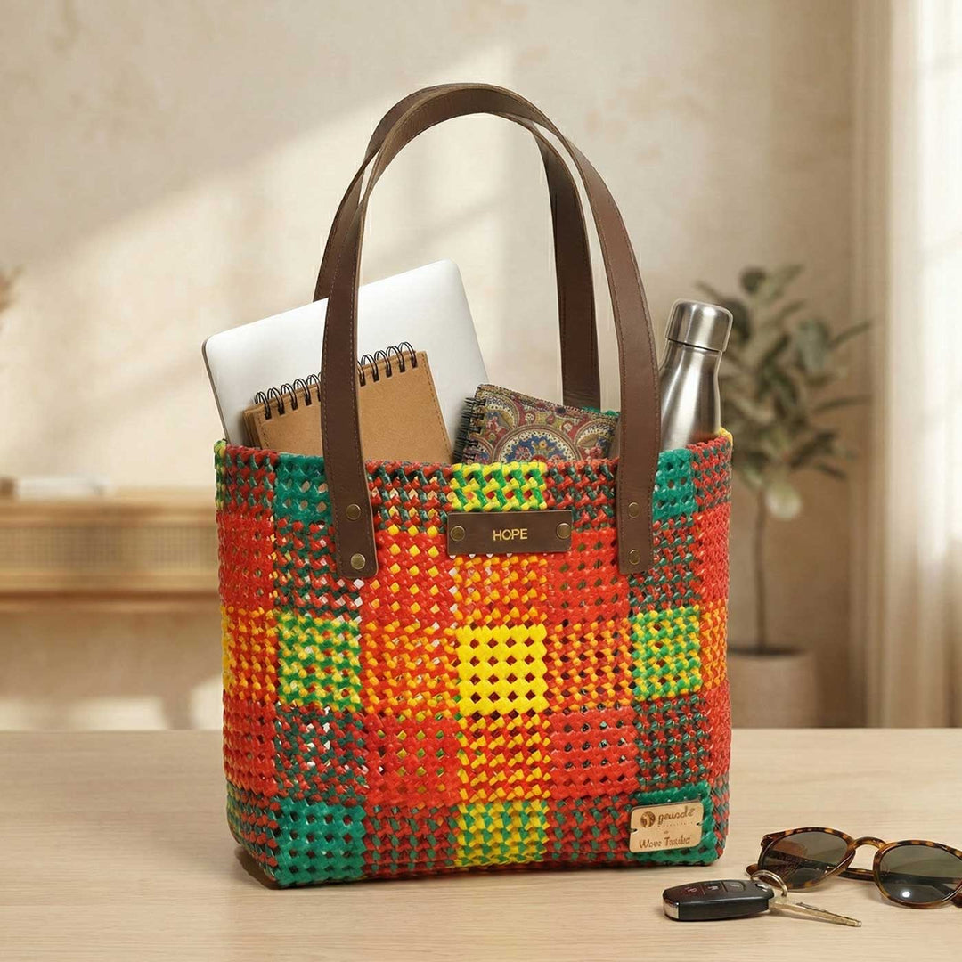 Multicolour Checks Handmade Wire Koodai Tote Bag
