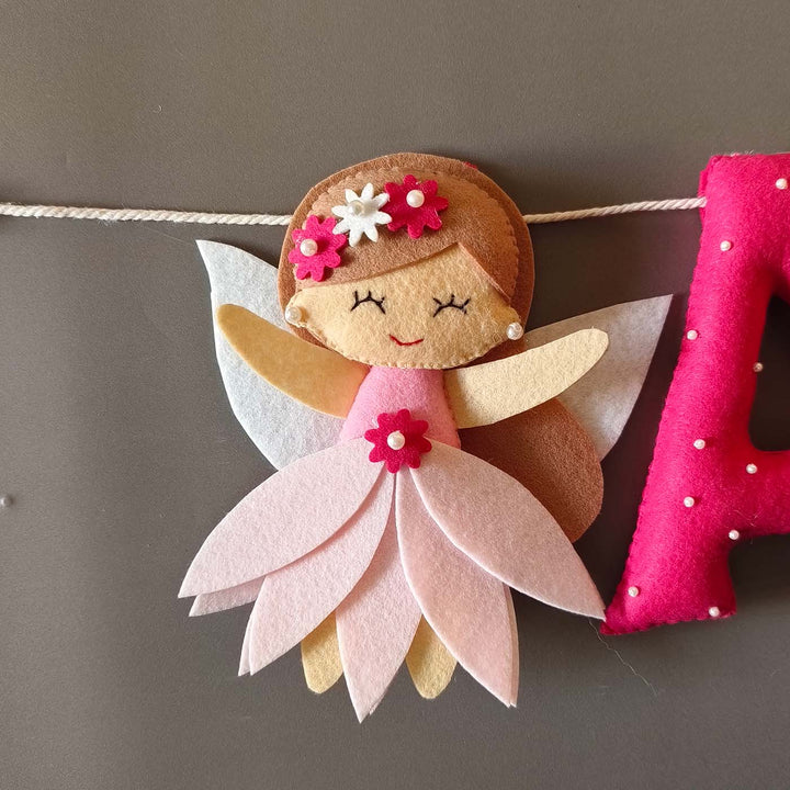 Hand Stitched Fairy Themed Felt Kids Name Plate - Front View Hanging on String