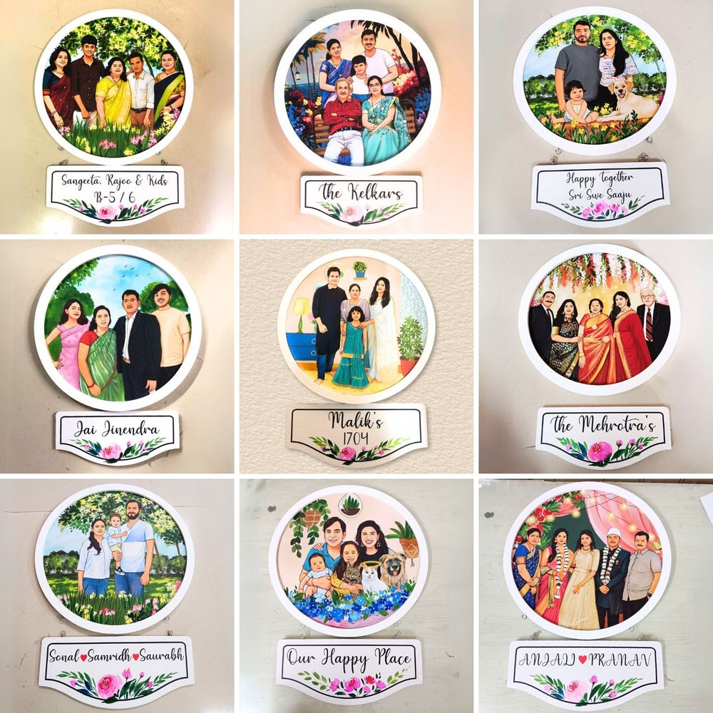 Photo Caricature Hanging Nameplate Large Family - Mounted Wall Portraits with Nameplates