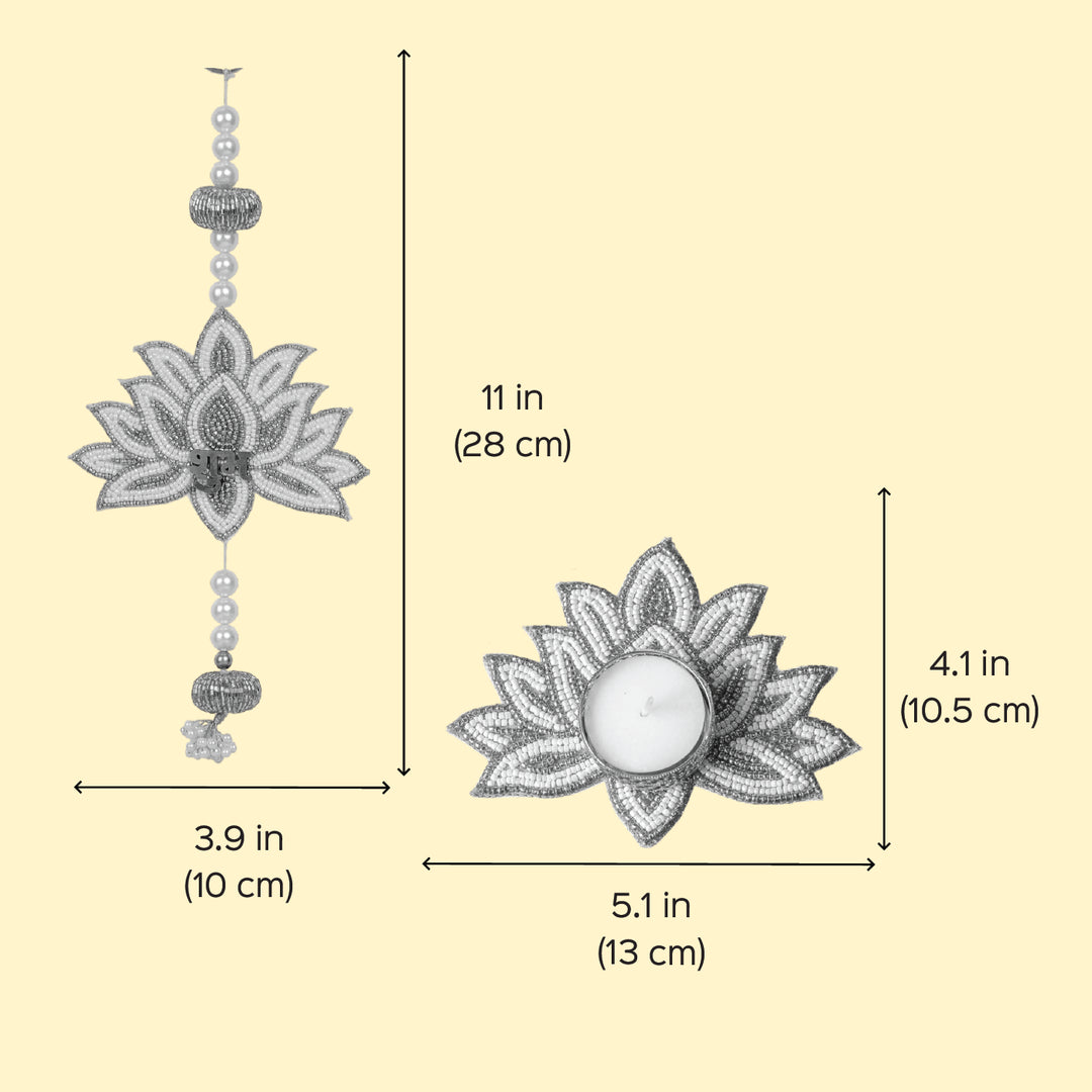 4pc Set | Handmade Beaded White & Golden Lotus Diwali Decor | 2 Hangings + 2 Tealight Holders