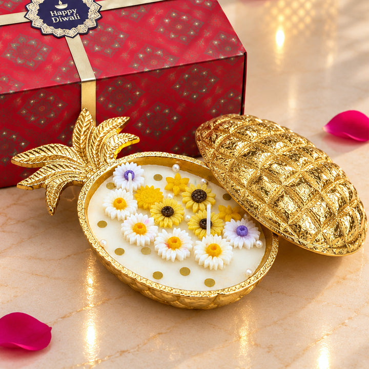 Handcrafted Golden Pineapple Floral Brass Urli Sandalwood Scented Soy Wax Candle