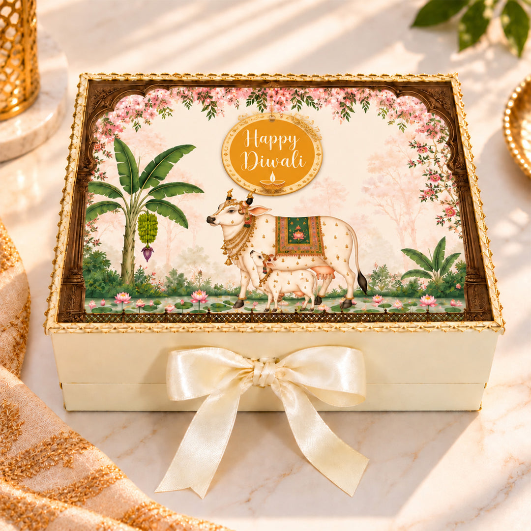 Pichwai Theme Lakshmi Paduka, Brass Diya & Mithai Diwali Gift Hamper