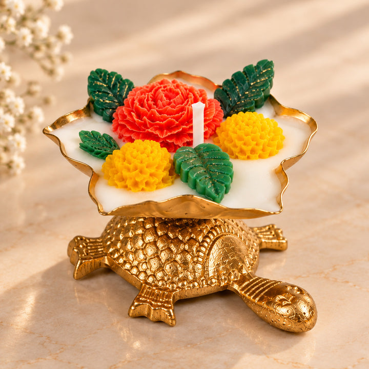Handcrafted Royal Turtle Floral Golden Aluminium Mogra Scented Soy Wax Candle
