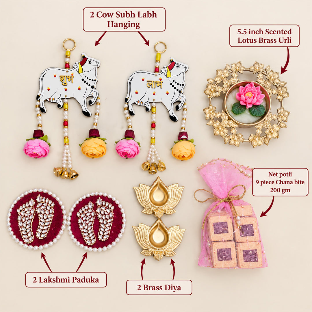 Pichwai Theme Lakshmi Paduka, Brass Diya & Mithai Diwali Gift Hamper