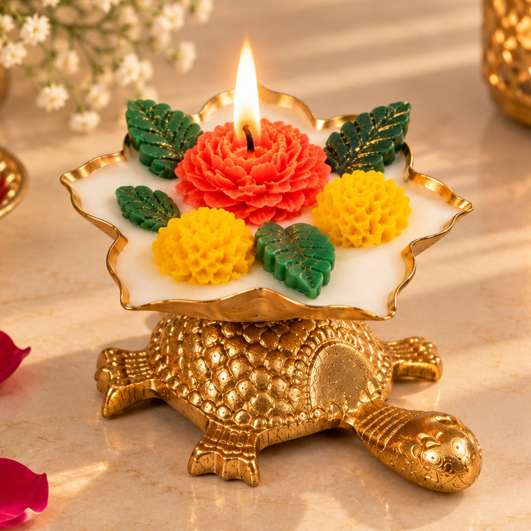 Handcrafted Royal Turtle Floral Golden Aluminium Mogra Scented Soy Wax Candle