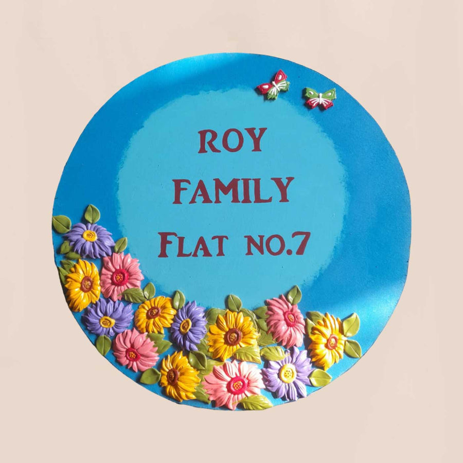 Personalized Handmade Floral Round Mdf Wood Name Plate - Front View with Name Personalization