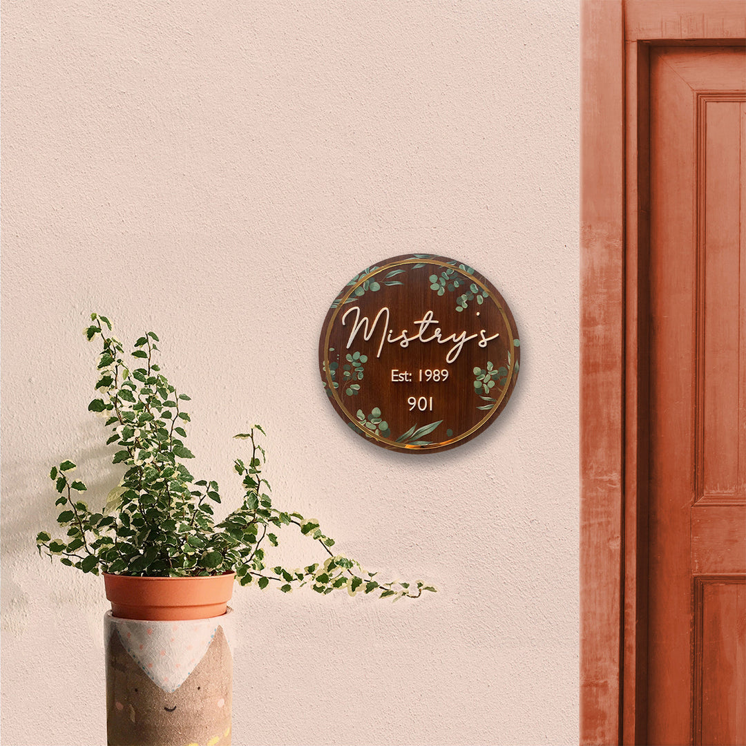 Personalised Floral Round Nameplate - Mounted on Outdoor Wall