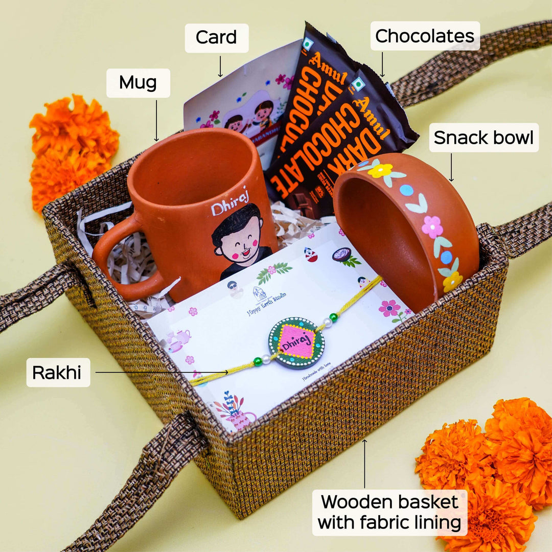 Personalized Terracotta Rakhi Hamper With Caricature 1 - Labeled Basket Contents