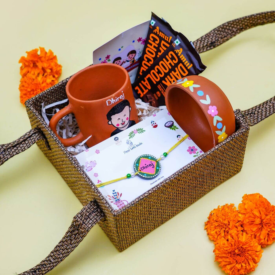 Personalized Terracotta Rakhi Hamper With Caricature 1 - Gift Basket with Contents