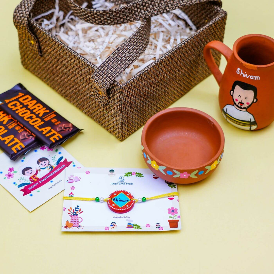 Personalized Terracotta Rakhi Hamper With Caricature 2 - Gift Set Unpacked